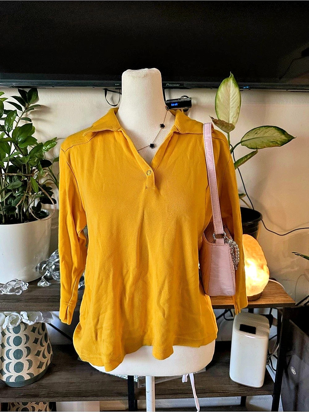 Vintage Style Mustard Yellow Long Sleeve Relaxed Polo Top
